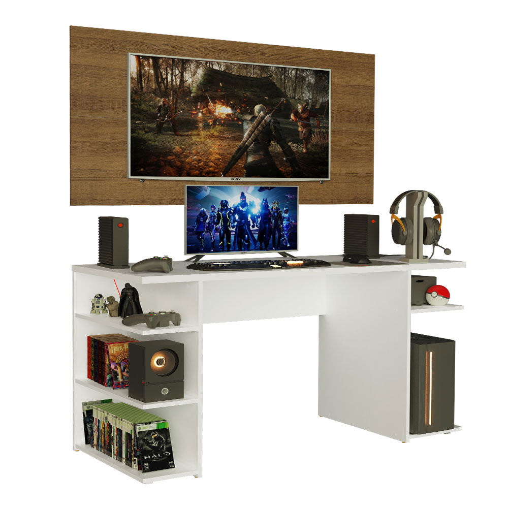 Mesa para Computador Gamer Madesa 9409 e Painel para TV até 50 Polegadas Branco/Rustic