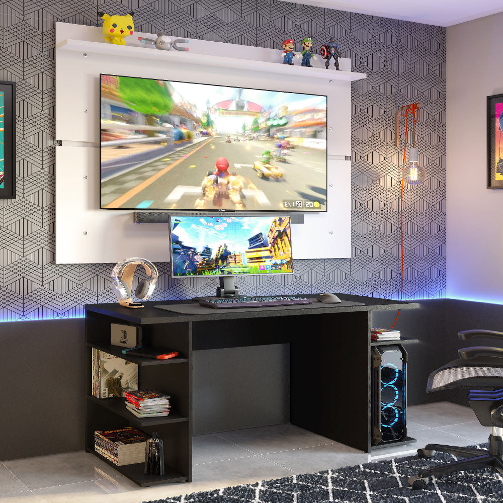 Mesa para Computador Gamer Madesa 9409 e Painel para TV até 65 Polegadas Preto/Branco