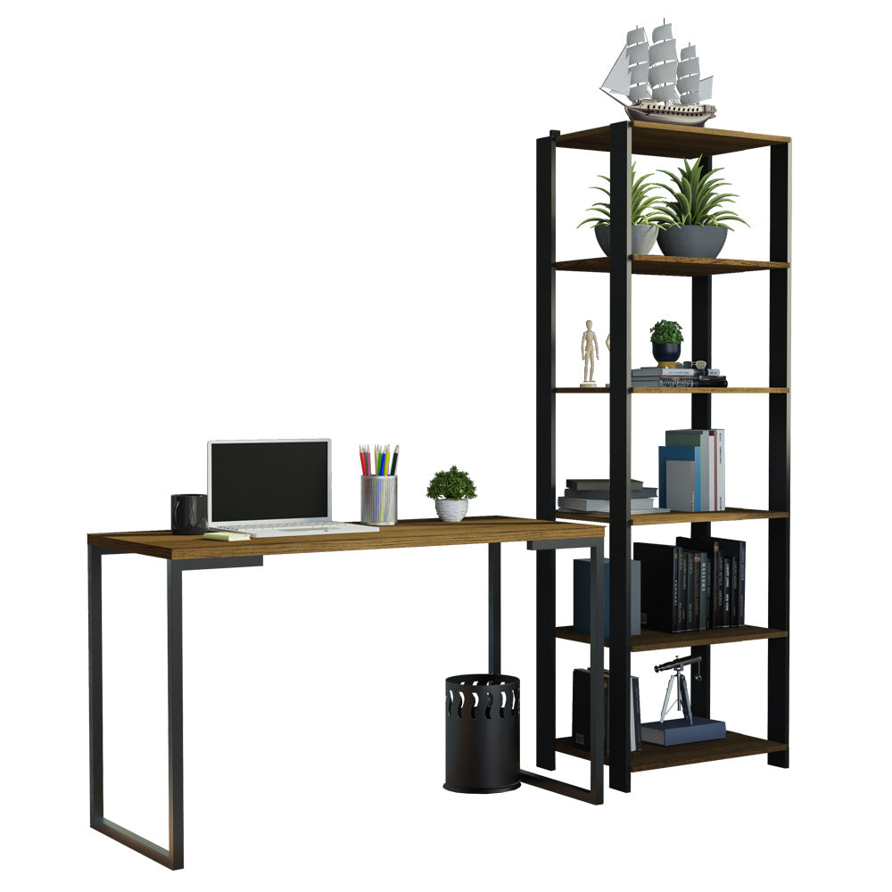 Conjunto Escritório Home Office com Mesa Industrial + Estante Preto/Rustic Madesa