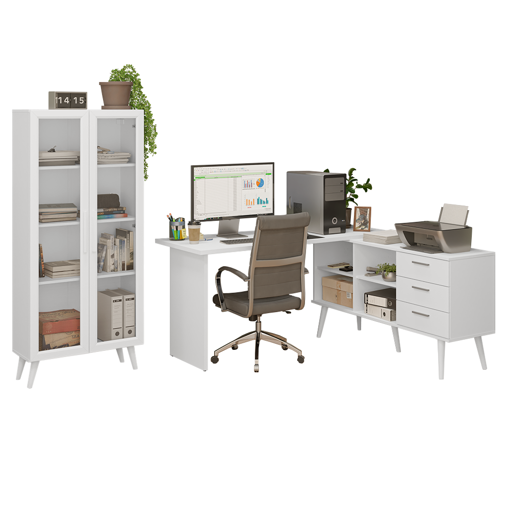 Kit 2 Peças com Escrivaninha em L 3 Gavetas e Armário Multiuso com Vidro Branco Madesa