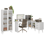Kit 2 Peças com Escrivaninha em L 3 Gavetas e Armário Multiuso com Vidro Branco Madesa