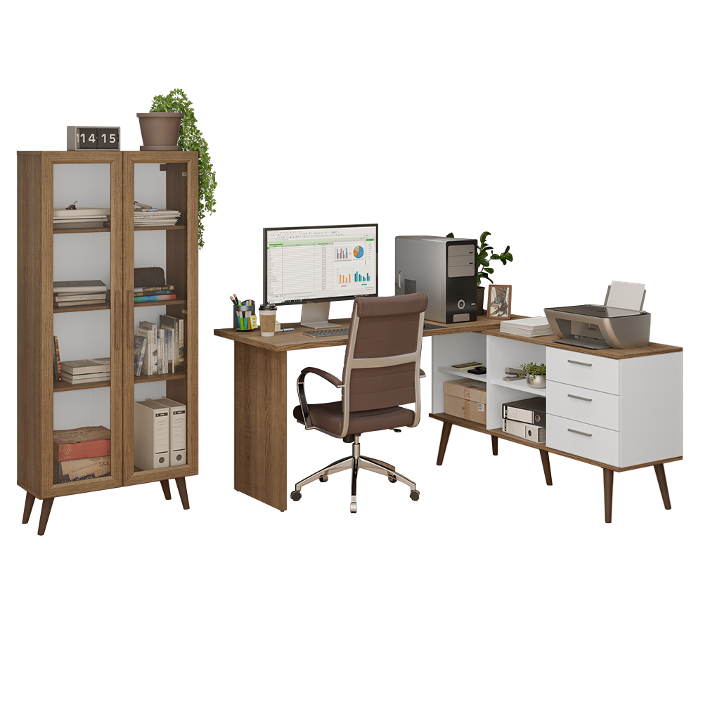 Kit 2 Peças com Escrivaninha em L 3 Gavetas e Armário Multiuso com Vidro Rustic/Branco Madesa