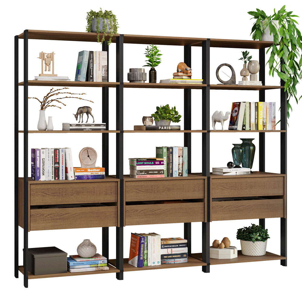 Estante Armário Multiuso para Livros 6 Gavetas 12 prateleiras 210cm Rustic/Preto Madesa