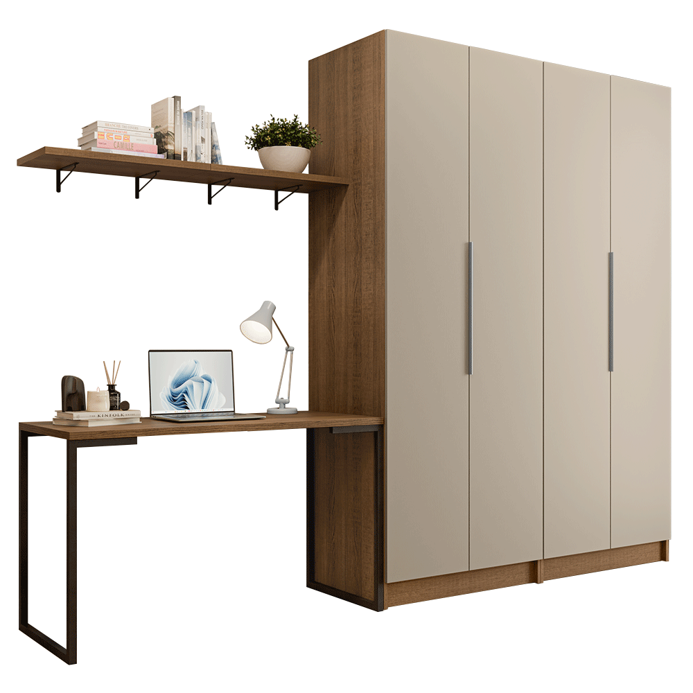 Conjunto Home Office 2 Armários Neo 1 Escrivaninha 2 Prateleiras Rustic/Crema Madesa