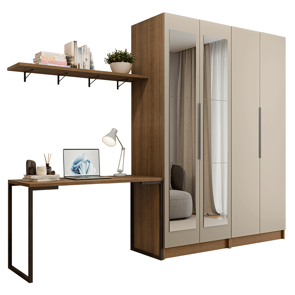 Conjunto Home Office 2 Armários Neo com Espelhos 1 Escrivaninha 2 Prateleiras Rustic/Crema Madesa