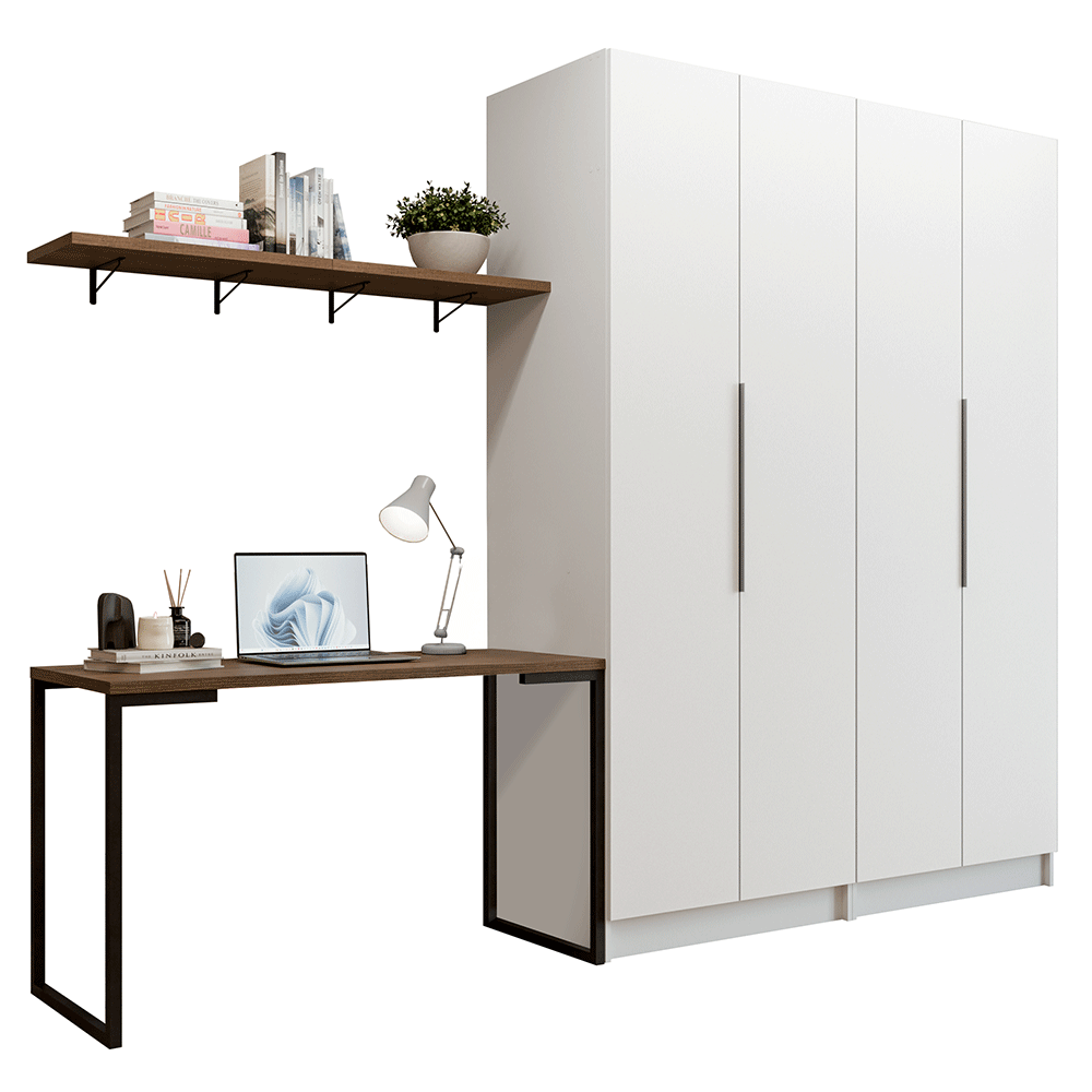 Conjunto Home Office 2 Armários Neo 1 Escrivaninha 2 Prateleiras Branco/Rustic Madesa