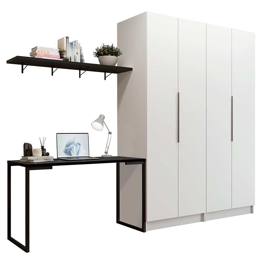 Conjunto Home Office 2 Armários Neo 1 Escrivaninha 2 Prateleiras Branco/Nero Madesa
