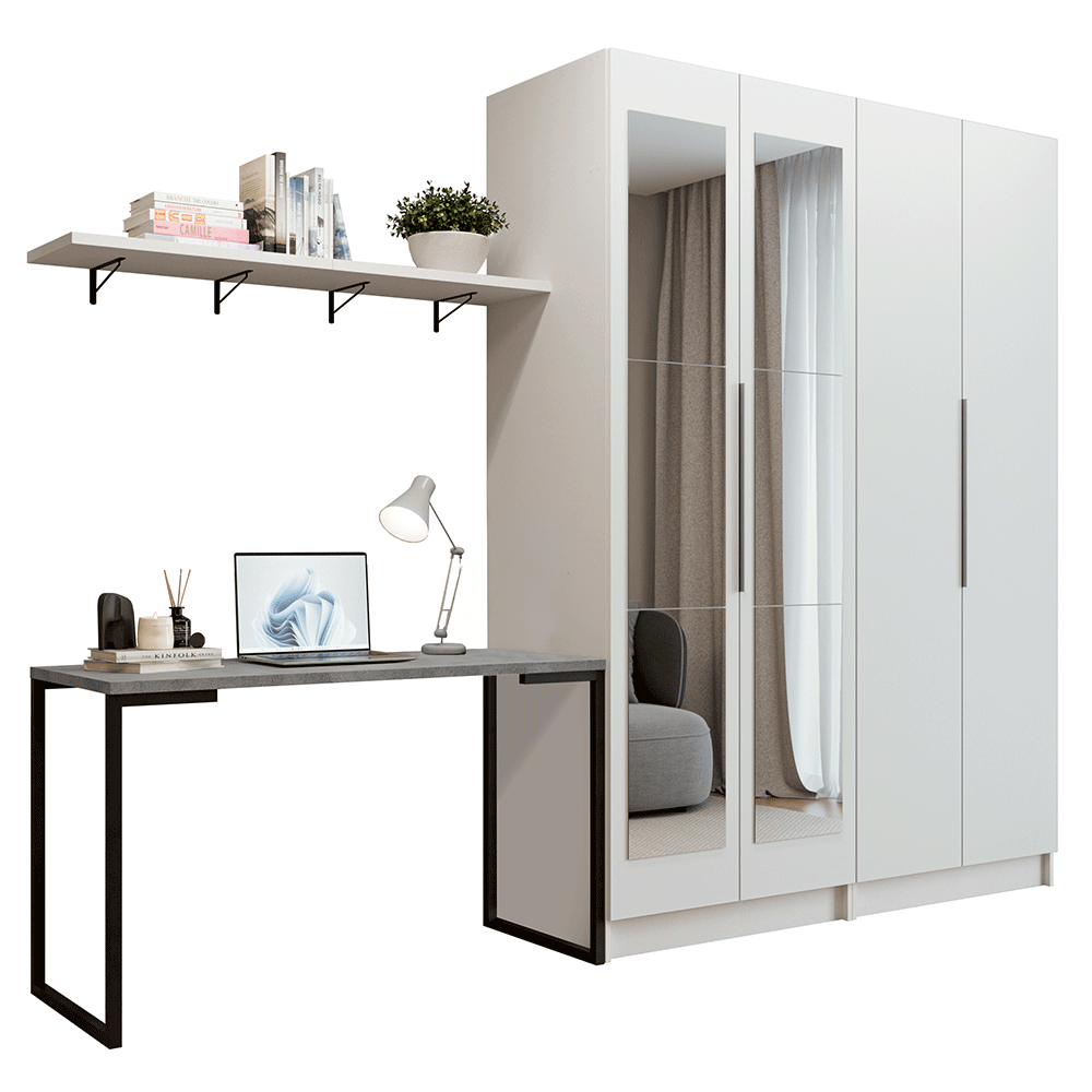 Conjunto Home Office 2 Armários com Espelhos Neo 1 Escrivaninha 2 Prateleiras Branco Madesa