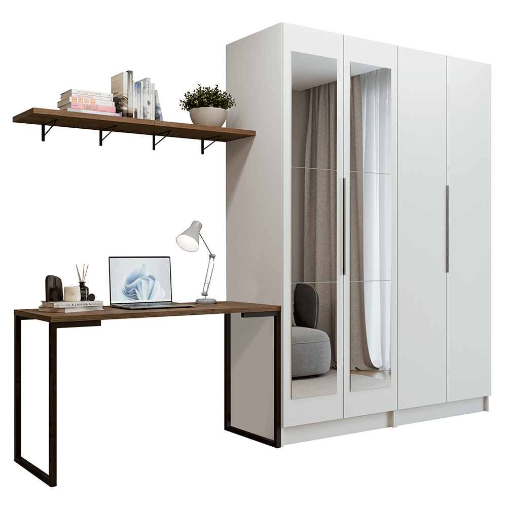 Conjunto Home Office 2 Armários Neo com Espelhos 1 Escrivaninha 2 Prateleiras Branco/Rustic Madesa