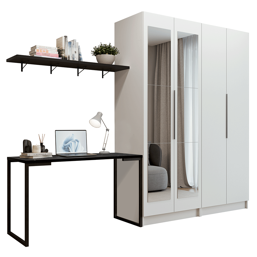 Conjunto Home Office 2 Armários Neo com Espelhos 1 Escrivaninha 2 Prateleiras Branco/Nero Madesa