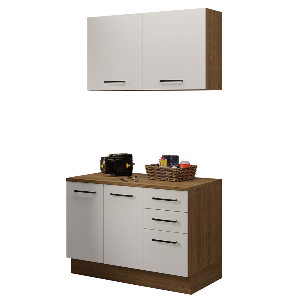 Kit com Balcão e Armário Aéreo Multiuso 120cm Rustic/Branco Agata Madesa