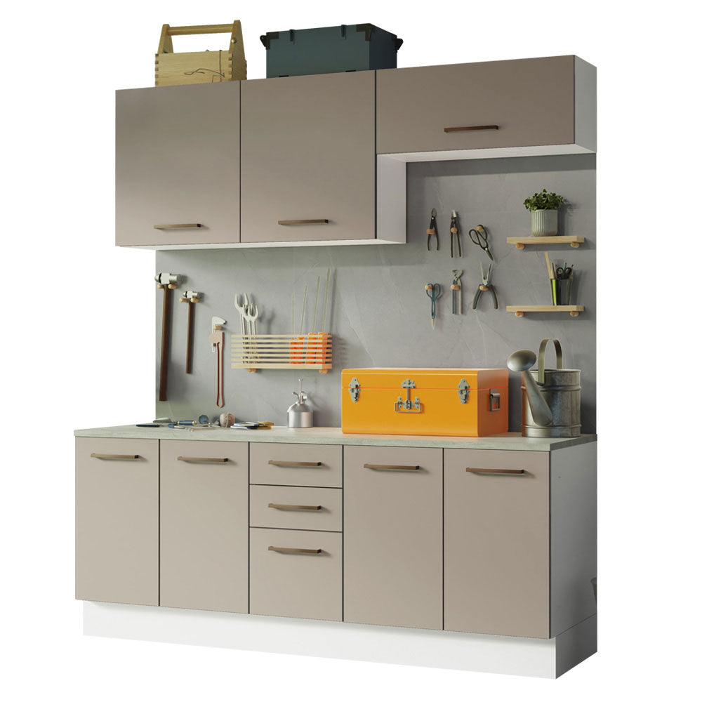 Kit com 2 Balcões e 2 Armários Aéreos Multiuso 200cm Branco/Crema Agata Madesa