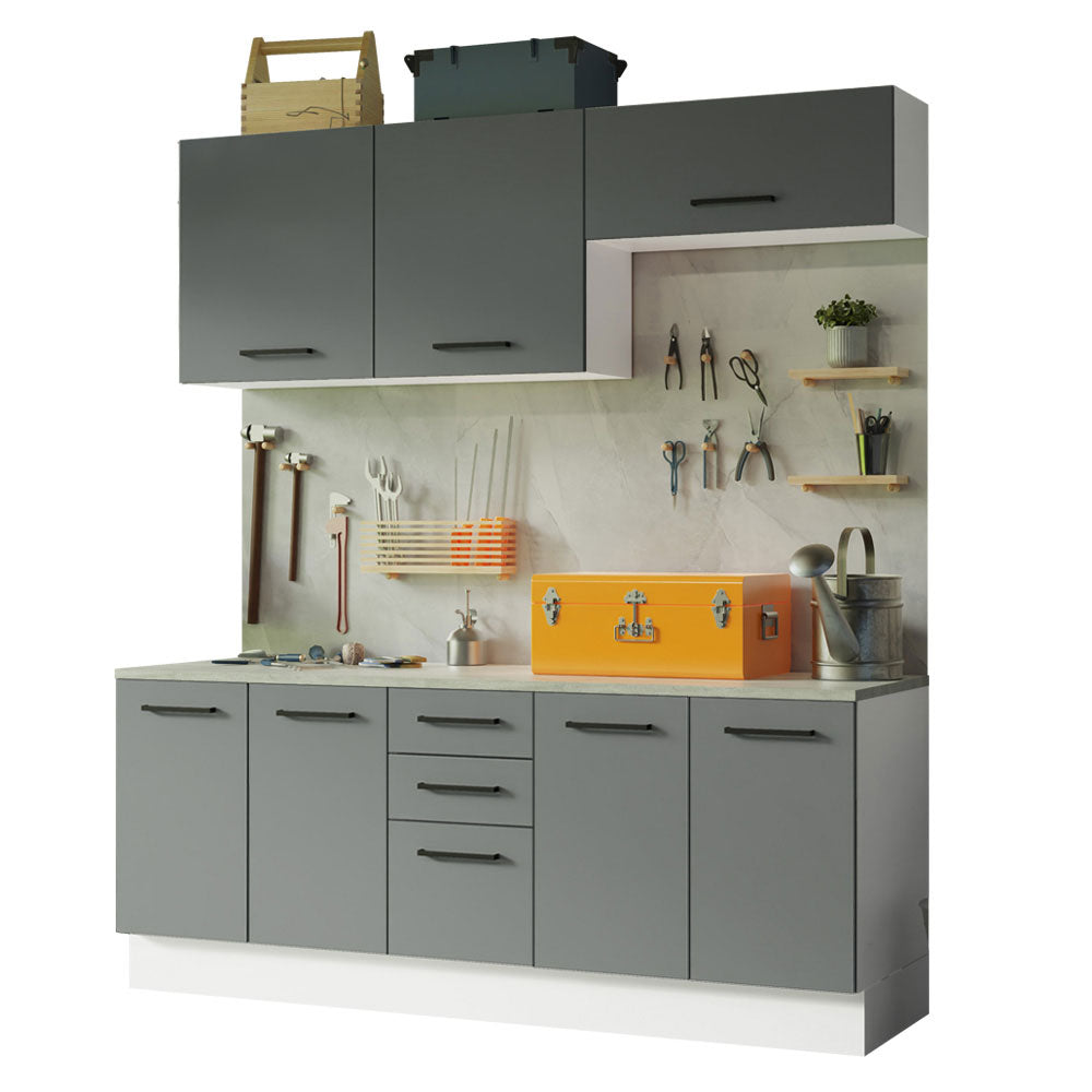 Kit com 2 Balcões e 2 Armários Aéreos Multiuso 200cm Branco/Cinza Agata Madesa