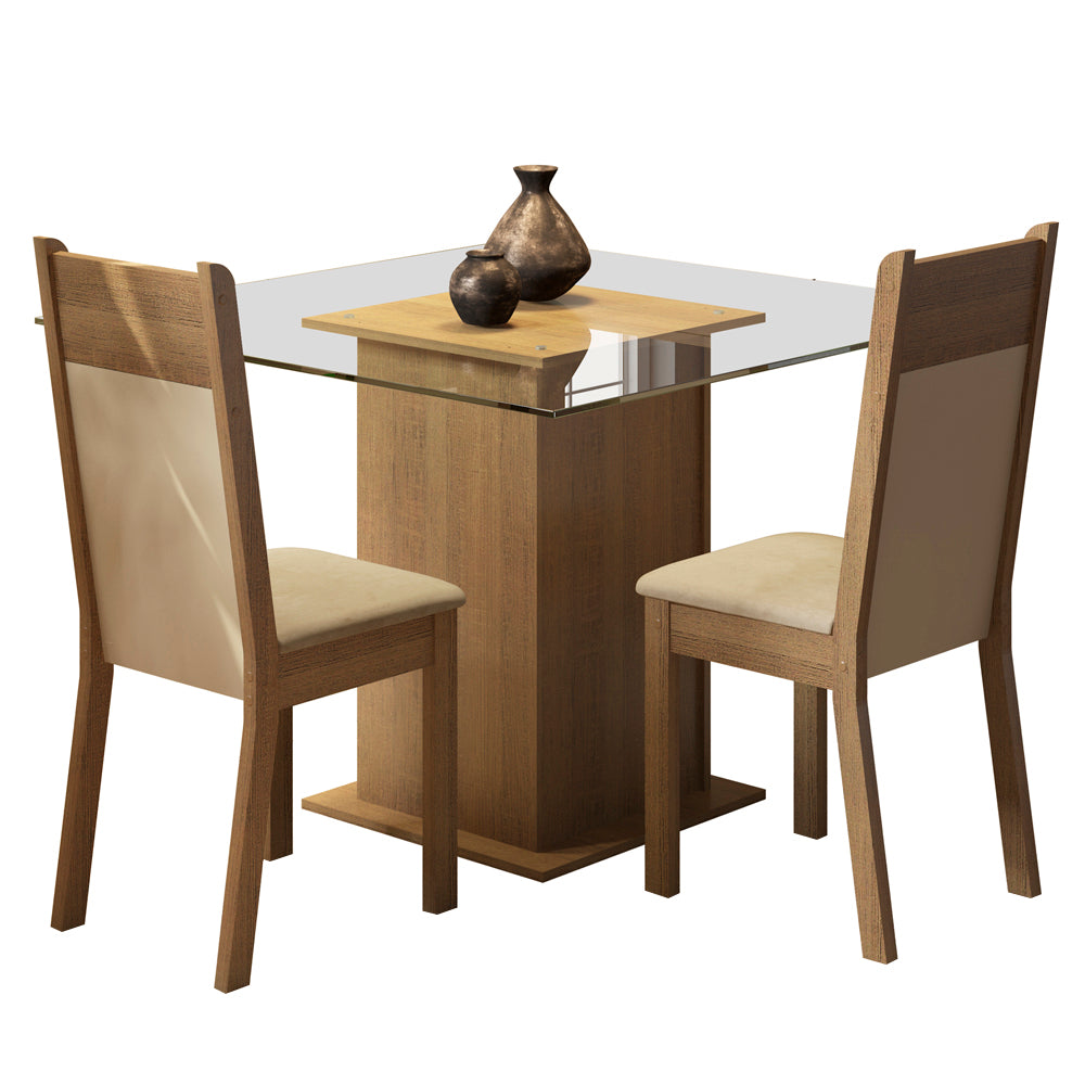 Conjunto Sala de Jantar Madesa Moni Mesa Tampo de Vidro com 2 Cadeiras Rustic/Crema/Sintético Bege