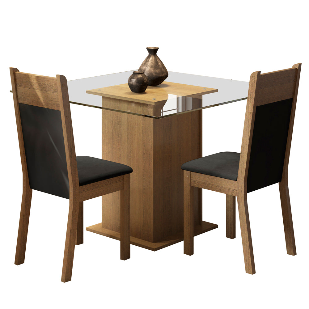Conjunto Sala de Jantar Madesa Moni Mesa Tampo de Vidro com 2 Cadeiras Rustic/Preto/Sintético Preto
