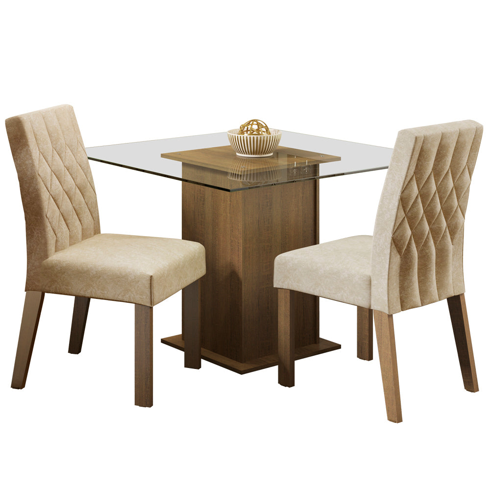 Conjunto Sala de Jantar Madesa Cassia Mesa Tampo de Vidro com 2 Cadeiras Rustic/Imperial