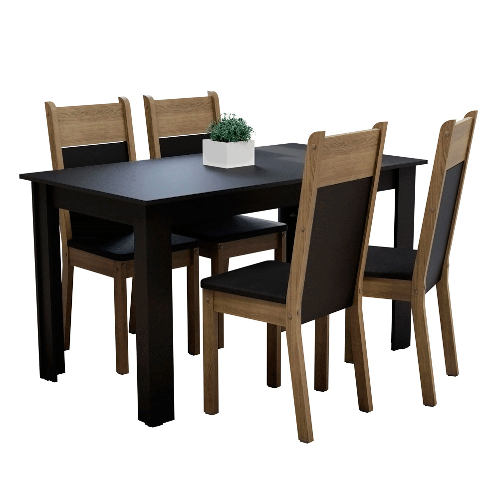Conjunto Sala de Jantar Mesa Tampo de Madeira com 4 Cadeiras Preto/Rustic Madesa Havana