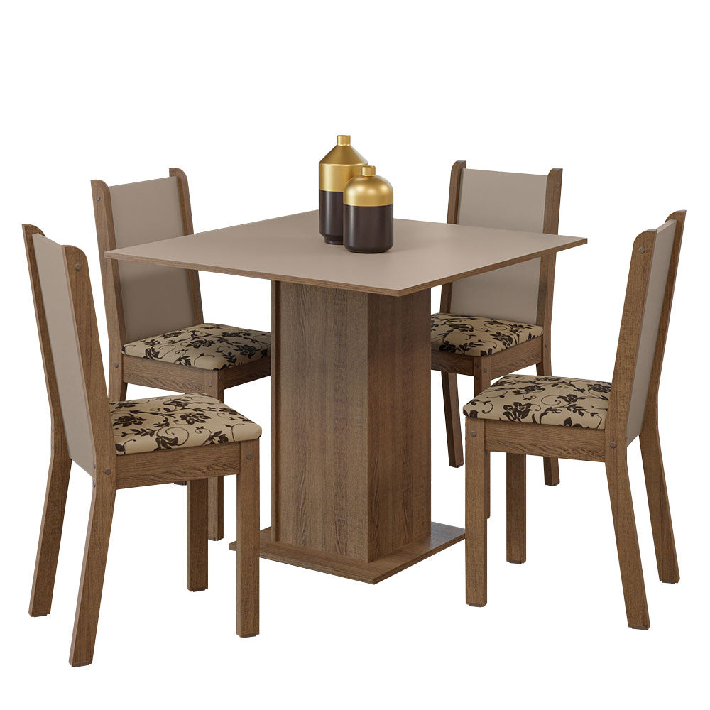 Conjunto Sala de Jantar Mesa Tampo de Madeira 4 Cadeiras Rustic/Crema/Bege Marrom Alana Madesa