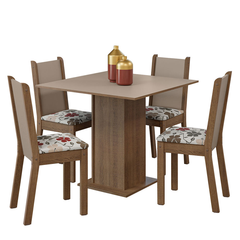 Conjunto Sala de Jantar Mesa Tampo de Madeira 4 Cadeiras Rustic/Crema/Hibiscos Alana Madesa
