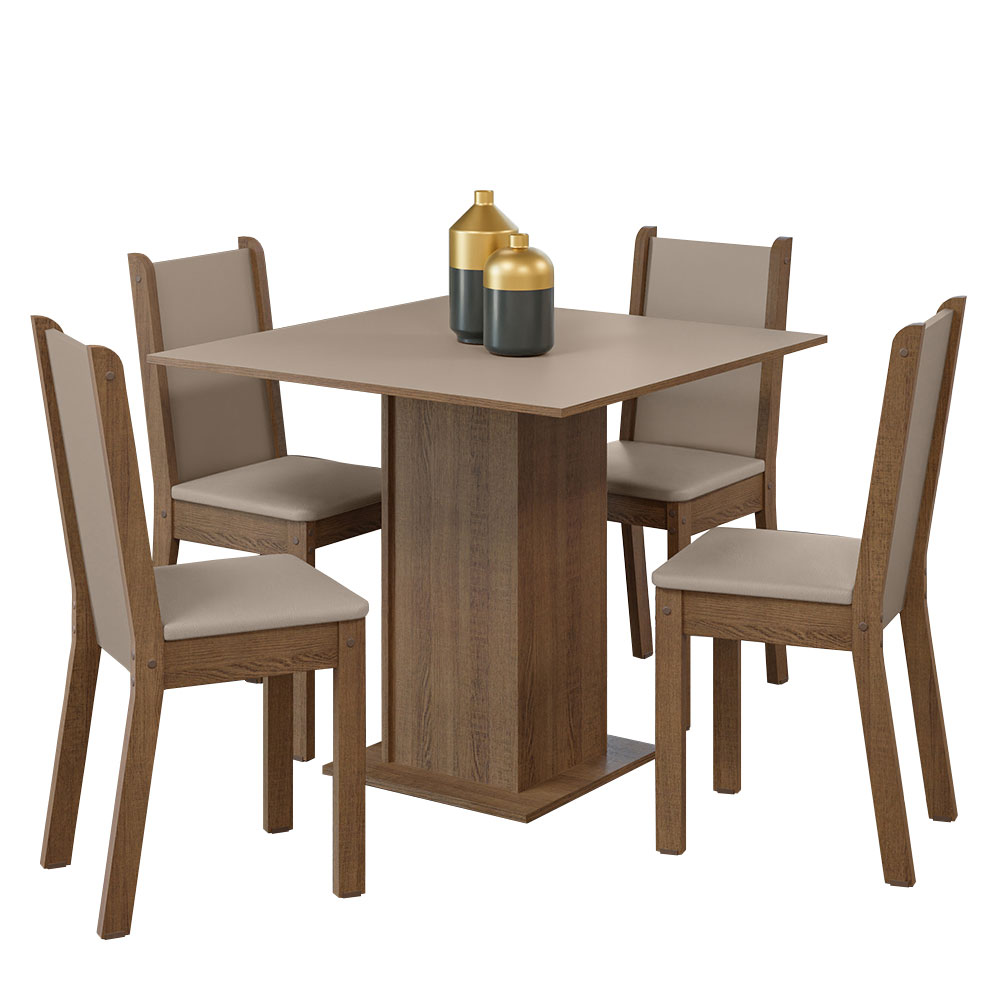 Conjunto Sala de Jantar Mesa Tampo de Madeira com 4 Cadeiras Rustic/Crema/Sintético Bege Madesa Alana