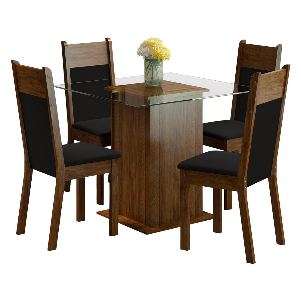 Conjunto Sala de Jantar Madesa Anita Mesa Tampo de Vidro com 4 Cadeiras Rustic/Preto/Sintético Preto