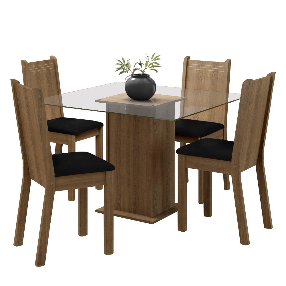 Conjunto Sala de Jantar Madesa Maya Mesa Tampo de Vidro com 4 Cadeiras Rustic/Sintético Preto