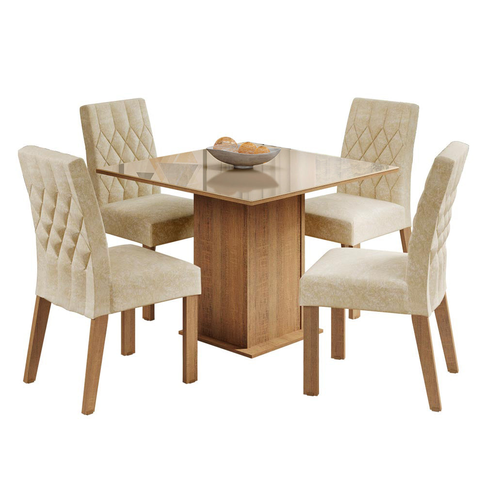 Conjunto Sala de Jantar Mesa Tampo de Vidro com 4 Cadeiras Rustic/Crema/Imperial Madesa Brenda