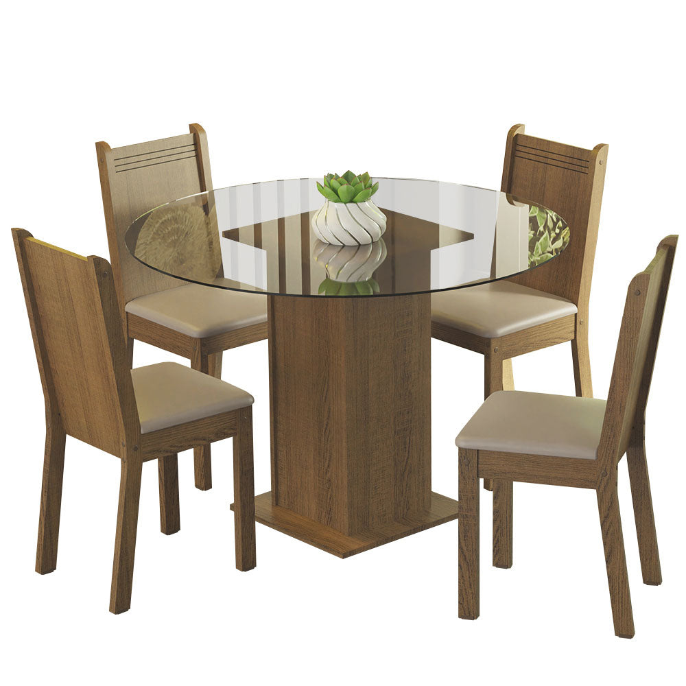 Conjunto Sala de Jantar Madesa Débora Mesa Tampo de Vidro Redondo 4 Cadeiras Rustic/Bege