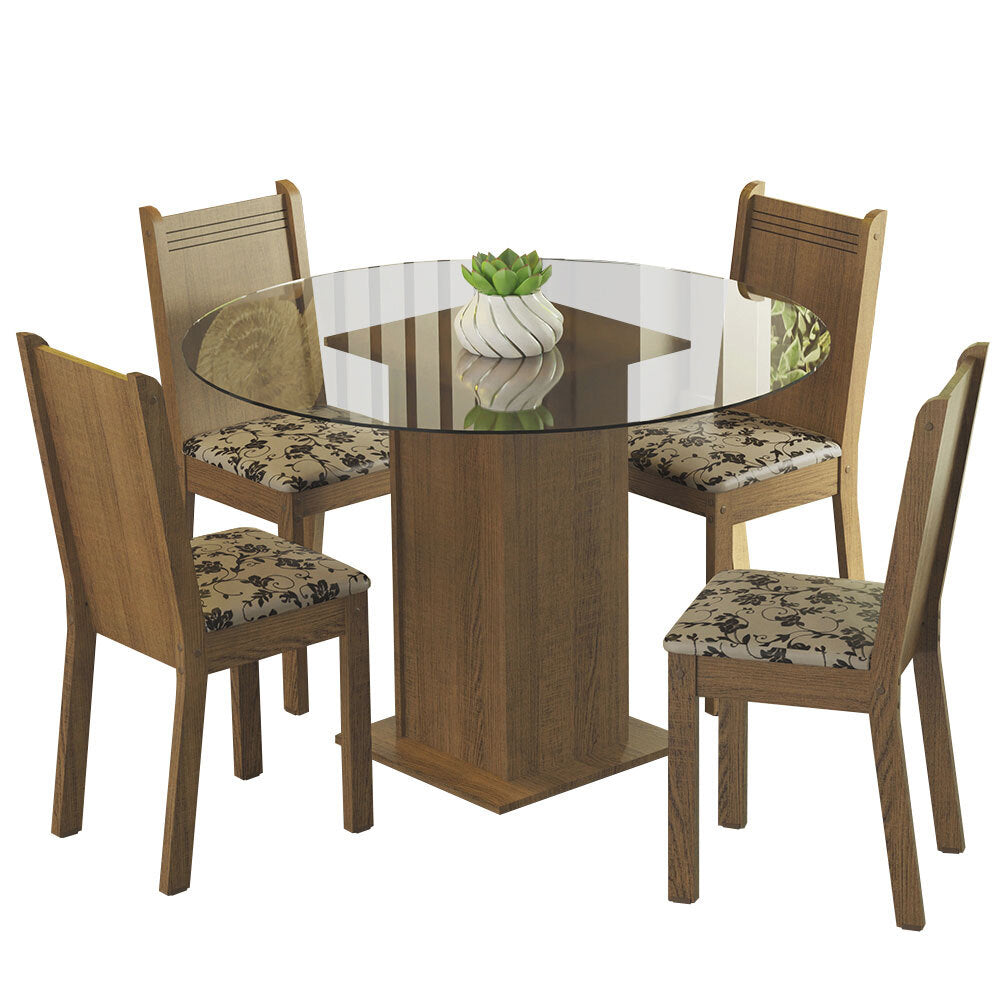 Conjunto Sala de Jantar Madesa Débora Mesa Tampo de Vidro Redondo 4 Cadeiras Rustic/Bege Marrom