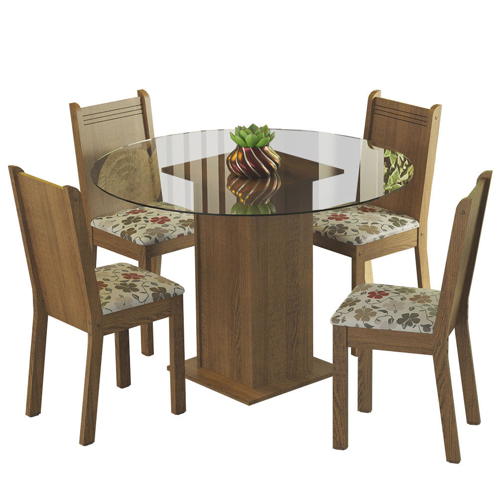 Conjunto Sala de Jantar Madesa Débora Mesa Tampo de Vidro Redondo 4 Cadeiras Rustic/Hibiscos
