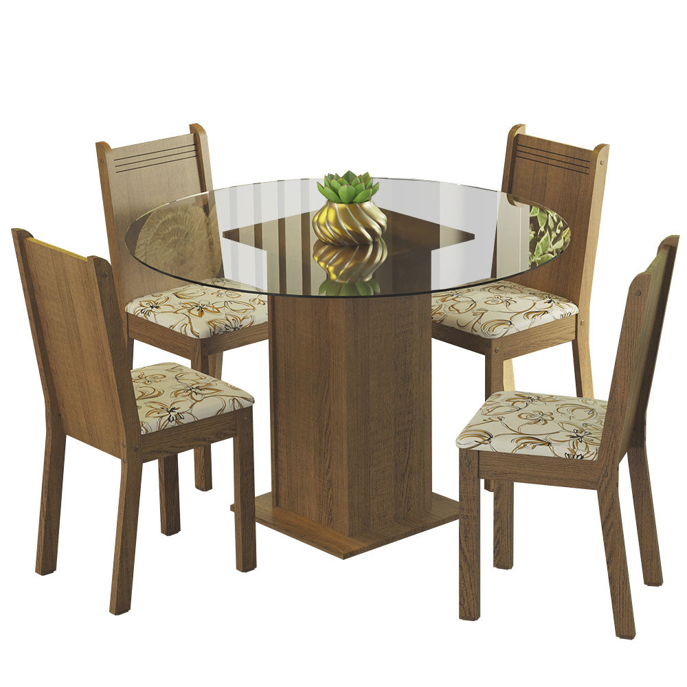 Conjunto Sala de Jantar Madesa Débora Mesa Tampo de Vidro Redondo 4 Cadeiras Rustic/Lírio Bege