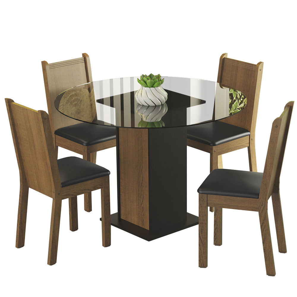 Conjunto Sala de Jantar Madesa Débora Mesa Tampo de Vidro Redondo 4 Cadeiras Preto/Rustic