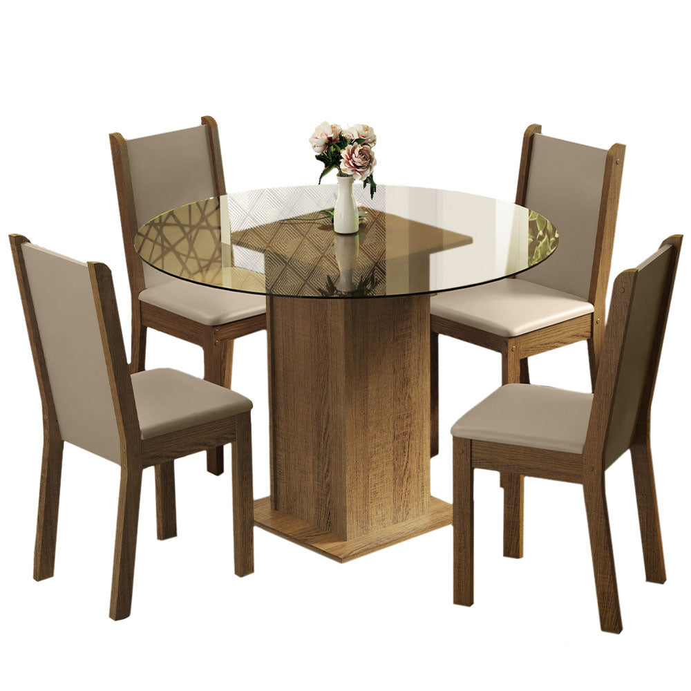 Conjunto Sala de Jantar Madesa Nanda Mesa Tampo de Vidro Redondo 4 Cadeiras Rustic/Crema/Bege