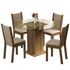 Conjunto Sala de Jantar Madesa Nanda Mesa Tampo de Vidro Redondo 4 Cadeiras Rustic/Crema/Bege