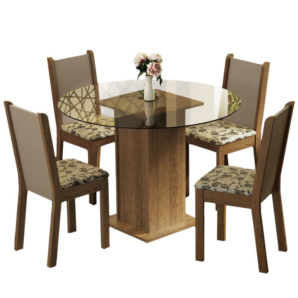 Conjunto Sala de Jantar Madesa Nanda Mesa Tampo Vidro Redondo 4 Cadeiras Rustic/Crema/Bege Marrom
