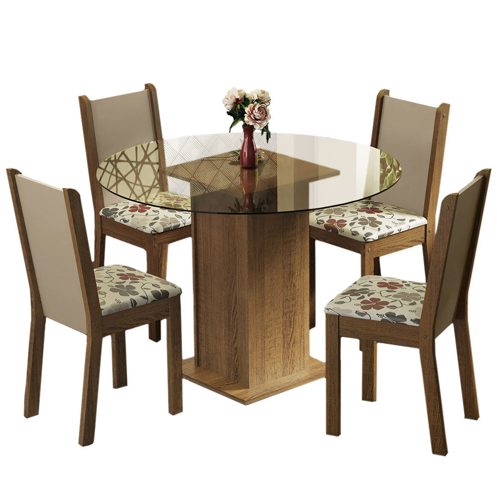 Conjunto Sala de Jantar Madesa Nanda Mesa Tampo Vidro Redondo 4 Cadeiras Rustic/Crema/Hibiscos