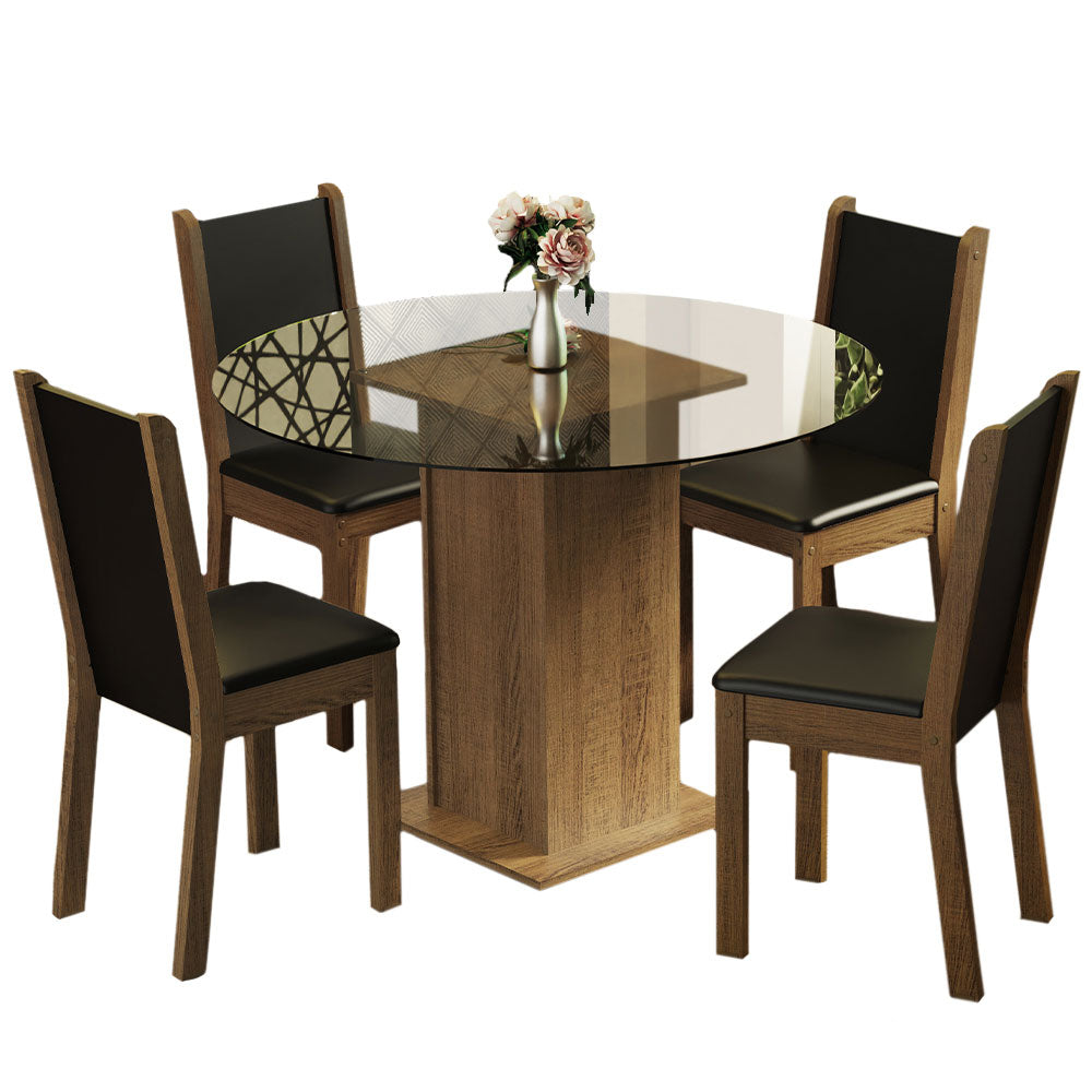Conjunto Sala de Jantar Madesa Nanda Mesa Tampo de Vidro Redondo 4 Cadeiras Rustic/Preto