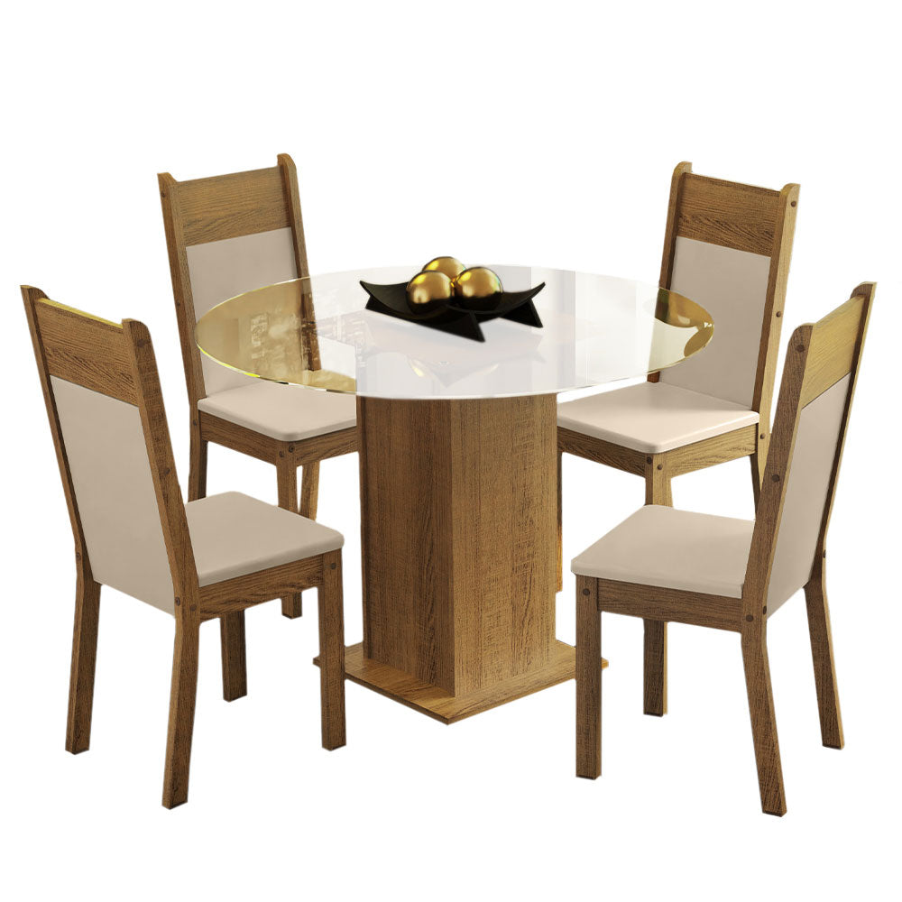 Conjunto Sala de Jantar Madesa Beta Mesa Tampo de Vidro Redondo 4 Cadeiras Rustic/Crema/Bege