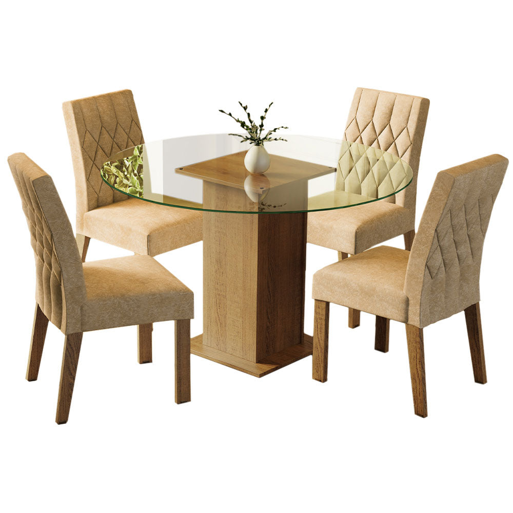 Conjunto Sala de Jantar Madesa Iris Mesa Tampo de Vidro Redondo com 4 Cadeiras Rustic/Imperial