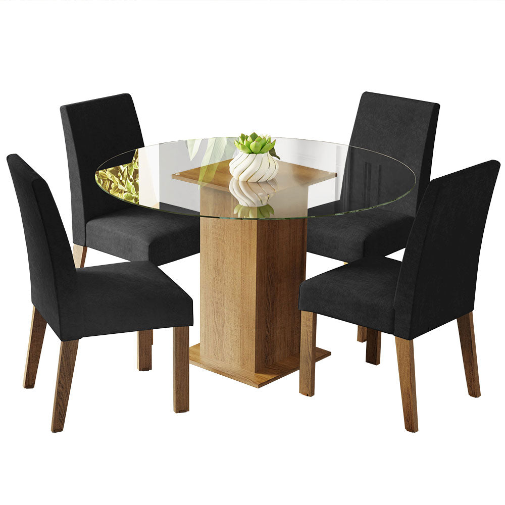 Conjunto Sala de Jantar Mesa Tampo de Vidro Redondo 4 Cadeiras Rustic/Oxford Mile Madesa