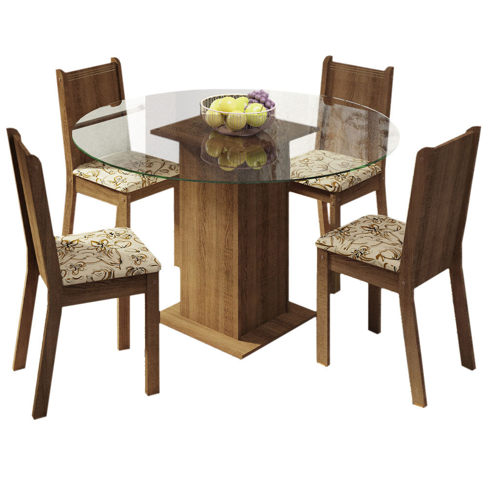 Conjunto Sala de Jantar Madesa Paula Mesa Tampo de Vidro Redondo 4 Cadeiras Rustic/Lírio Bege