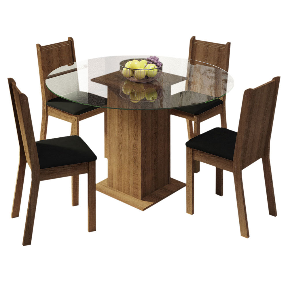 Conjunto Sala de Jantar Madesa Paula Mesa Tampo de Vidro Redondo 4 Cadeiras Rustic/Preto