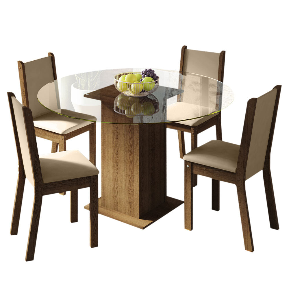 Conjunto Sala de Jantar Madesa Madu Mesa Tampo de Vidro Redondo 4 Cadeiras Rustic/Crema/Bege