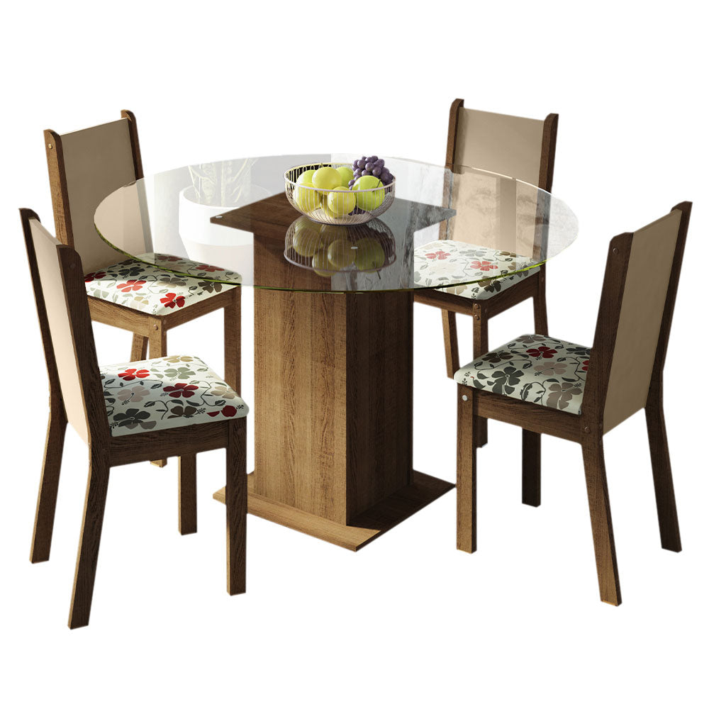 Conjunto Sala de Jantar Madesa Madu Mesa Tampo de Vidro Redondo 4 Cadeiras Rustic/Crema/Hibiscos