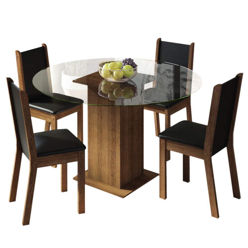 Conjunto Sala de Jantar Madesa Madu Mesa Tampo de Vidro Redondo 4 Cadeiras Rustic/Preto/Preto