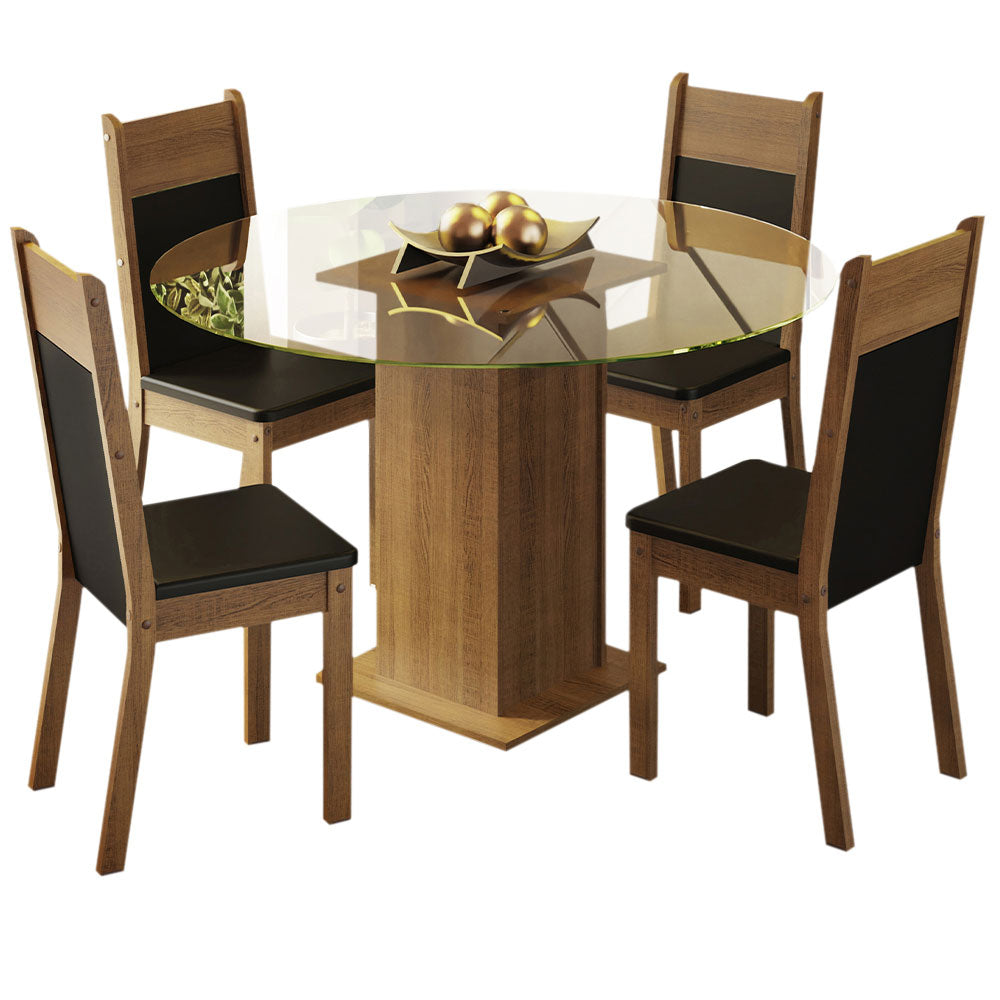 Conjunto Sala de Jantar Madesa Ana Mesa Tampo de Vidro Redondo 4 Cadeiras Rustic/Preto
