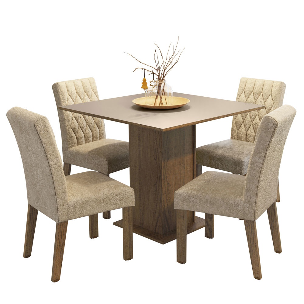 Conjunto Sala de Jantar Mesa Tampo de Madeira 4 Cadeiras Rustic/Crema/Imperial Livia Madesa