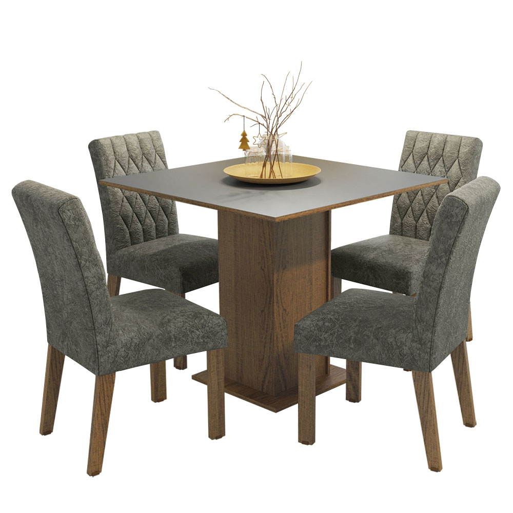 Conjunto Sala de Jantar Mesa Tampo de Madeira 4 Cadeiras Rustic/Cinza/Silver Livia Madesa