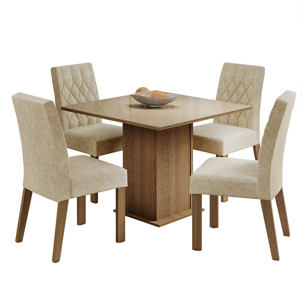 Conjunto Sala de Jantar Mesa Tampo de Vidro 4 Cadeiras Rustic/Crema/Imperial Anaju Madesa