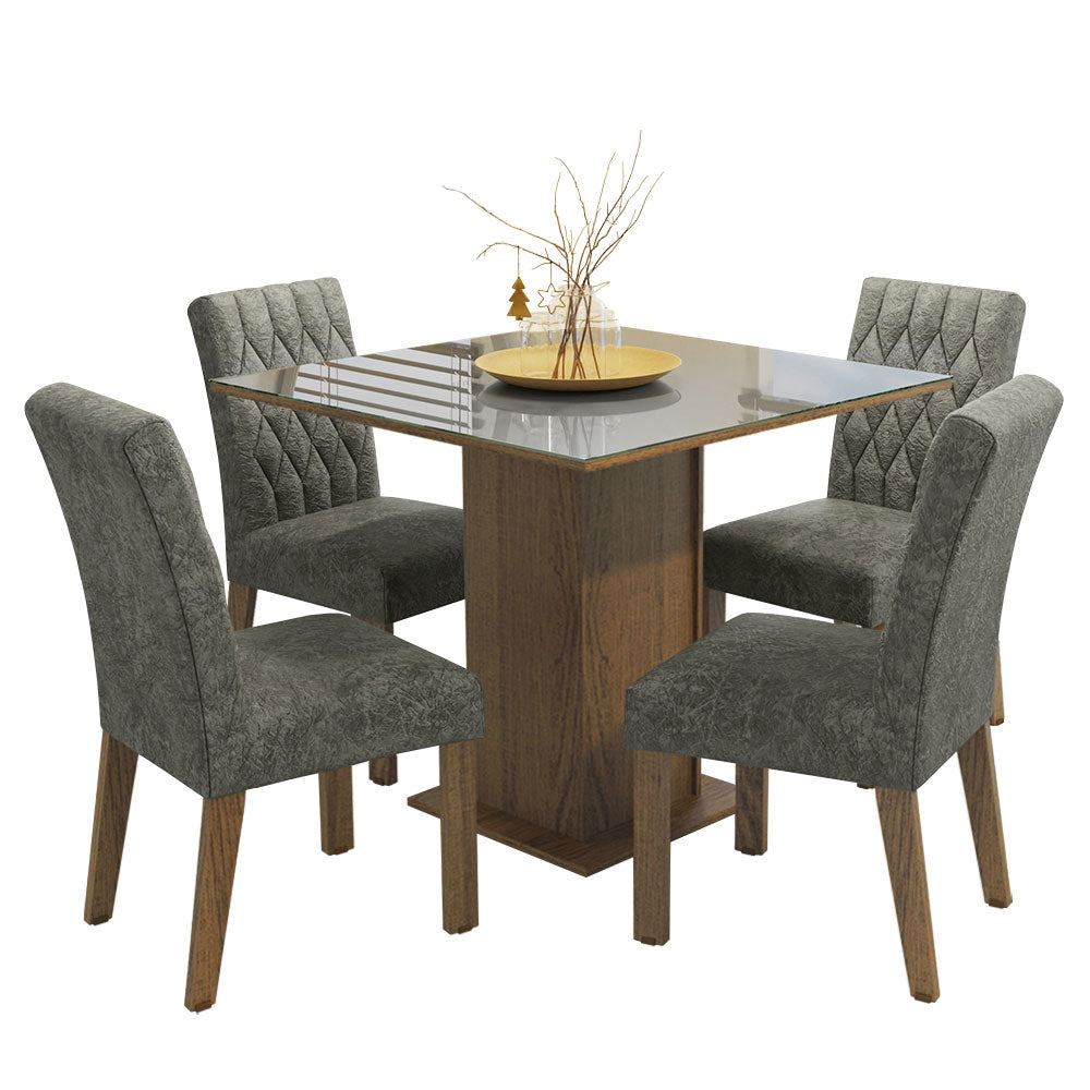 Conjunto Sala de Jantar Mesa Tampo de Vidro 4 Cadeiras Rustic/Cinza/Silver Anaju Madesa